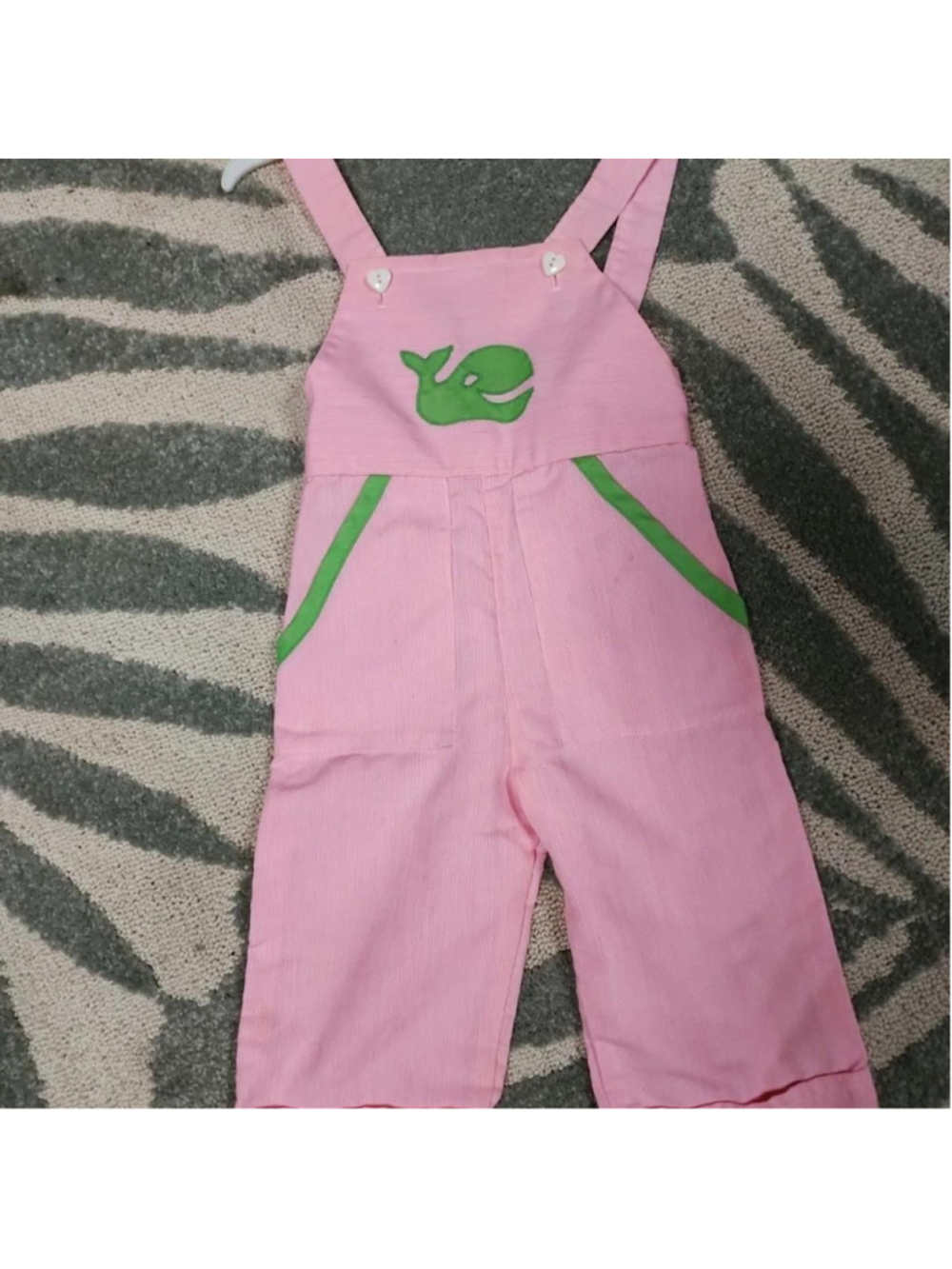 Pink overalls with green whale graphic and green side stripes, size 2T #toddler